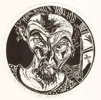 Philip Clairmont Self portrait at 33 1983. Linocut. Collection of Christchurch Art Gallery Te Puna o Waiwhetū, purchased 2003. © courtesy of Rachel Power