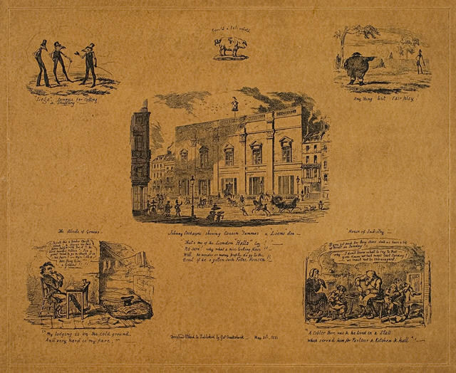A Series of 5 small etchings on one sheet clockwise from top left: ‘Legs famous for cutting & shuffling’, ‘Anything but fair play’, ‘House of industry’, ‘The abode of genius’, ‘Johnny Cockaigne showing cousin Tummas a lion’s den’
