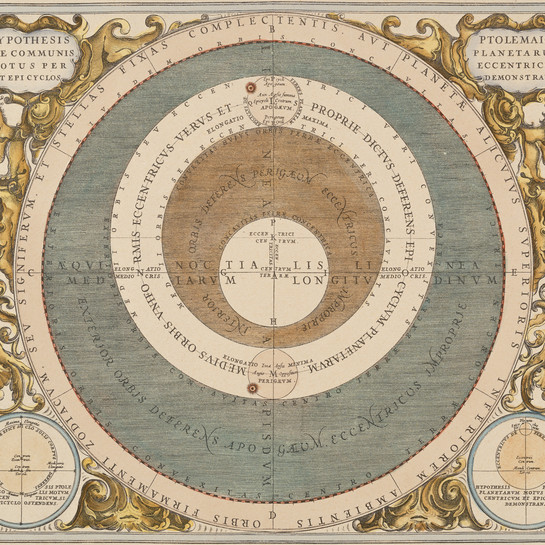Andreas Cellarius Hypothesis Ptolemaica Sive Communis Planetarum Motus Per Eccentricos Et Epicyclos Demonstrans [The Ptolemaic Hypothesis or Common Representation Demonstrating the Planetary Motions through Eccentrics and Epicycles] 1661. Hand-coloured engraving. Collection of Christchurch Art Gallery Te Puna o Waiwhetū, William A. Sutton bequest, 2000