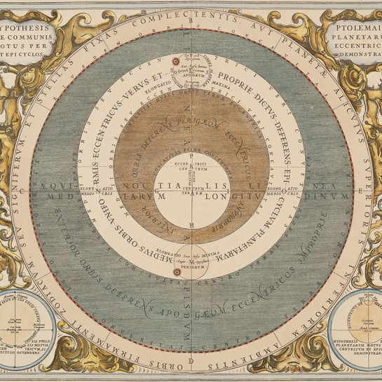 Andreas Cellarius Hypothesis Ptolemaica Sive Communis Planetarum Motus Per Eccentricos Et Epicyclos Demonstrans [The Ptolemaic Hypothesis or Common Representation Demonstrating the Planetary Motions through Eccentrics and Epicycles] 1661. Hand-coloured engraving. Collection of Christchurch Art Gallery Te Puna o Waiwhetū, William A. Sutton bequest, 2000