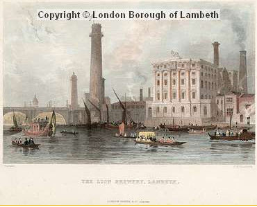 Shot Tower and Red Lion Brewery, Waterloo Hand-coloured engraving by E.W. Radcliffe, drawn by T. Allom. Lambeth Borough Council Archives