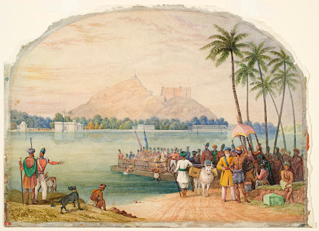 Troops crossing a river in India