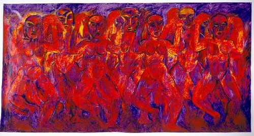 Robyn Kahukiwa Tena I Ruia 1987. Acrylic on canvas. Collection of Christchurch Art Gallery Te Puna o Waiwhetū, purchased, 1989Reproduced courtesy of Robyn Kahukiwa (Tena I Ruia shows seven Maori women performing a haka. The haka is a dance only performed by men in most Maori tribes. However, Robyn Kahukiwa's iwi, Ngati Porou, has traditionally sanctioned a haka for women to articulate their concerns.)
