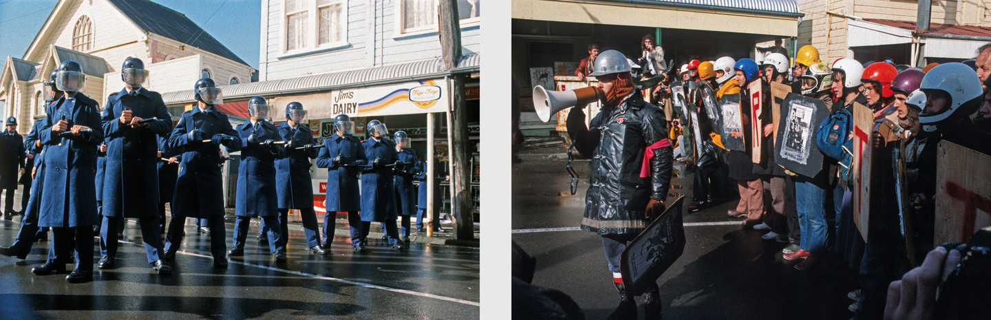 John Miller Springbok Tour Police Red Squad,Rintoul Street, Wellington and Springbok Tour Protestors, Pink and Brown Squads, Rintoul Street, Wellington 1981 Photograph.Courtesy of the artist