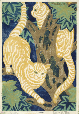Eileen Mayo Cats in the trees 1931. Linocut. Collection of Christchurch Art Gallery Te Puna o Waiwhetū, presented by Mr Rex Nan Kivell 1953. Reproduced courtesy of Dr Jillian Cassidy