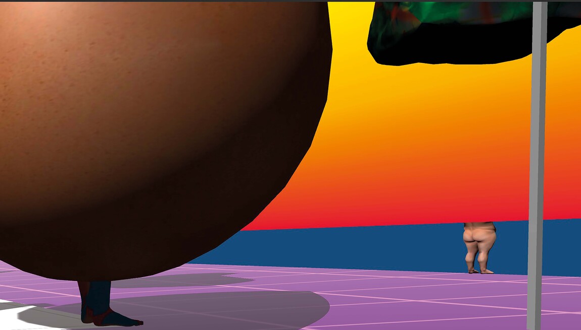 Judy Darragh and Sean Kerr In Kahoots (detail) 2019. Multimedia installation, sound, projected image, Realtime 3D, LED, mirror wall. Courtesy of the artists and Two Rooms, Auckland. With thanks to The University of Auckland Te Whare Wānanga o Tāmaki Makaurau
