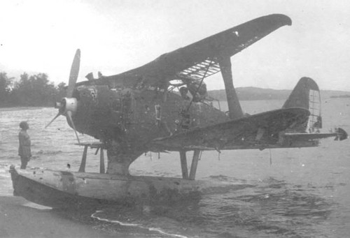 A photograph of the same beach as Clark's watercolour. These aircraft became popular practice targets for RNZAF Corsair pilots who would strafe them while returning from missions elsewhere. Photo The Jim Ross Collection via Shirley Ross from the Wings Over Cambridge website.