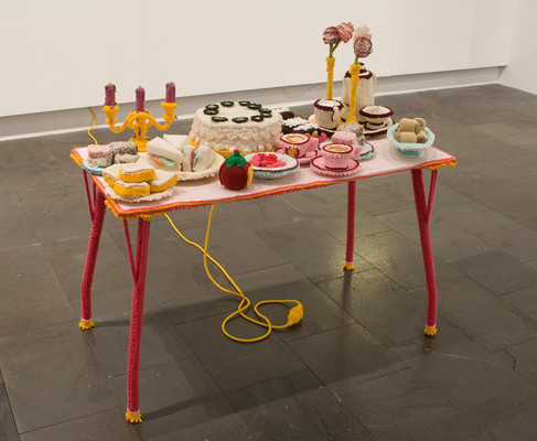 Jacquelyn Greenbank Tea Party Wool and found objects. Collection Christchurch Art Gallery Te Puna o Waiwhetū; purchased, 2007