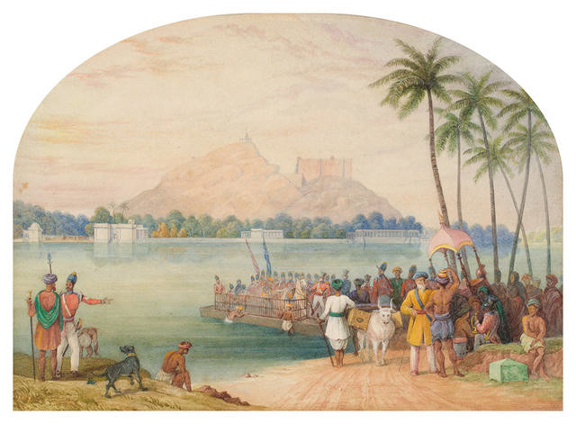 Troops crossing a river in India