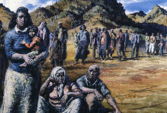 Russell Clark The Gathering 1957 (detail). Watercolour. Collection Christchurch Art Gallery Te Puna o Waiwhetū