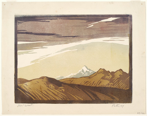 Juliet Peter Nor'west 1939. Linocut. Collection of Christchurch Art Gallery Te Puna o Waiwhetū, gift of William Sutton 1983