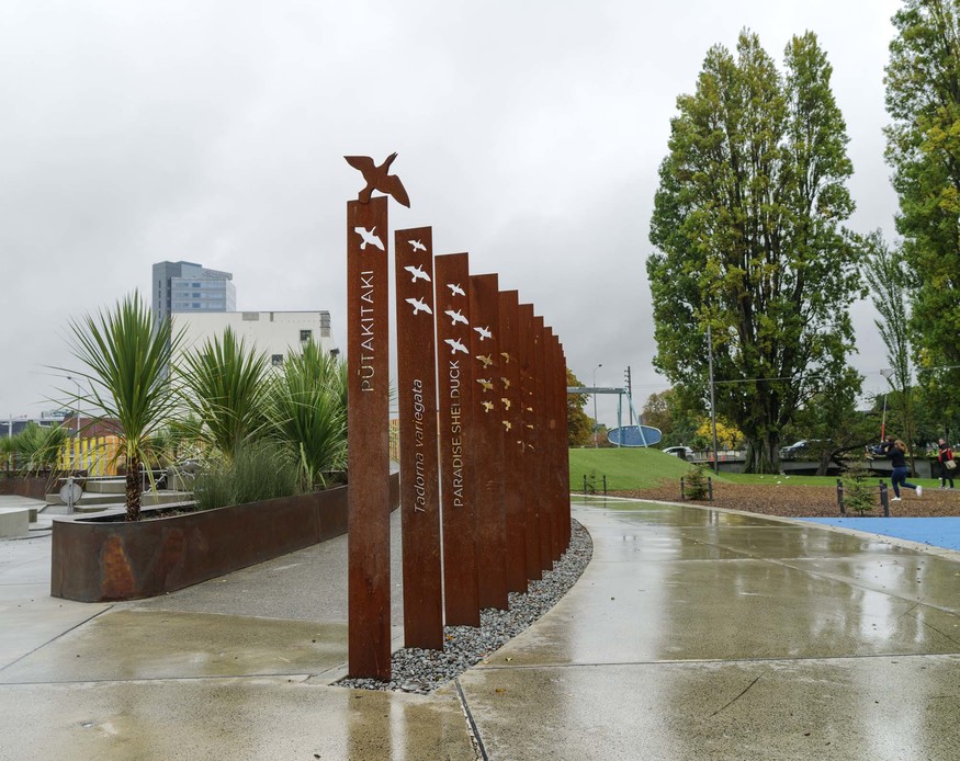 Native wildlife and mahinga kai species are referenced in artworks at the Tākaro ā Poi Margaret Mahy Family Playground. Photo: John Collie