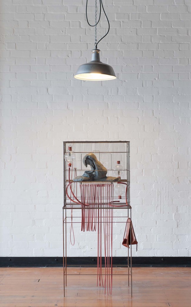 Julia Morison Some thing, for example 2011. Metal cage and stand, melted shopping bags, glass, rubber. Collection of Christchurch Art Gallery Te Puna o Waiwhetū, gift of Chartwell Trust 2011 