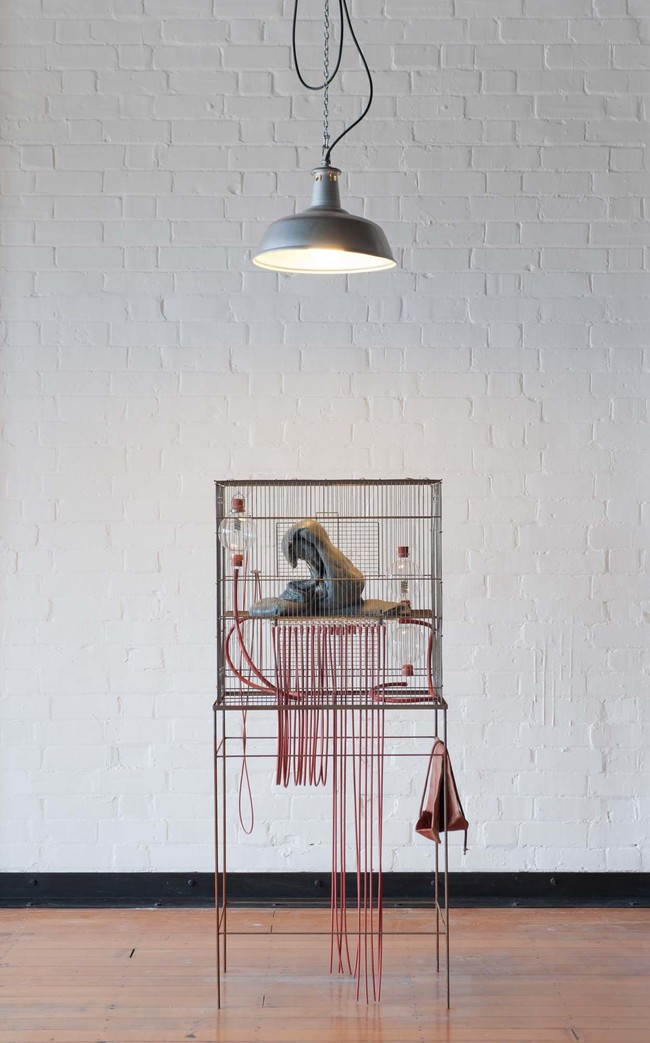 Julia Morison Some thing, for example 2011. Metal cage and stand, melted shopping bags, glass, rubber. Collection of Christchurch Art Gallery Te Puna o Waiwhetū, gift of Chartwell Trust 2011
