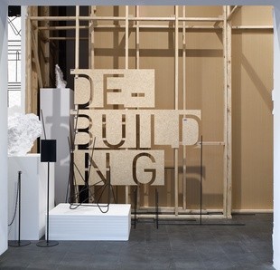 Entry signage for De-Building exhibition, Christchurch Art Gallery, 5–22 February 2011