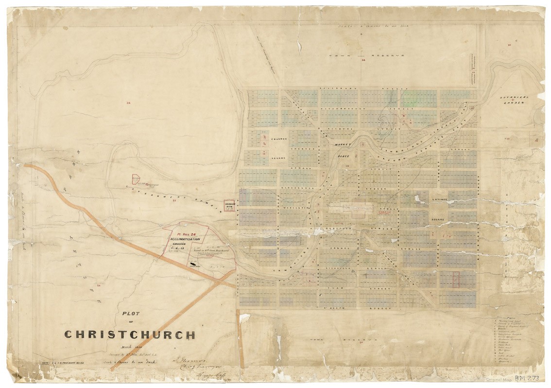 Edward Jollie Black map 273, Plot of Christchurch, March 1850, sheet 1 1850. Ink and watercolour. Archives New Zealand Christchurch Office, archives reference: CAYN 23142 CH1031/179 item 273/1