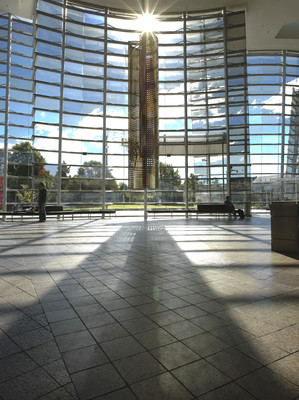 Sunlight streams in to the Gallery foyer around Andrew Drummond's Viewing Device, Counter Rotating (2008–10)