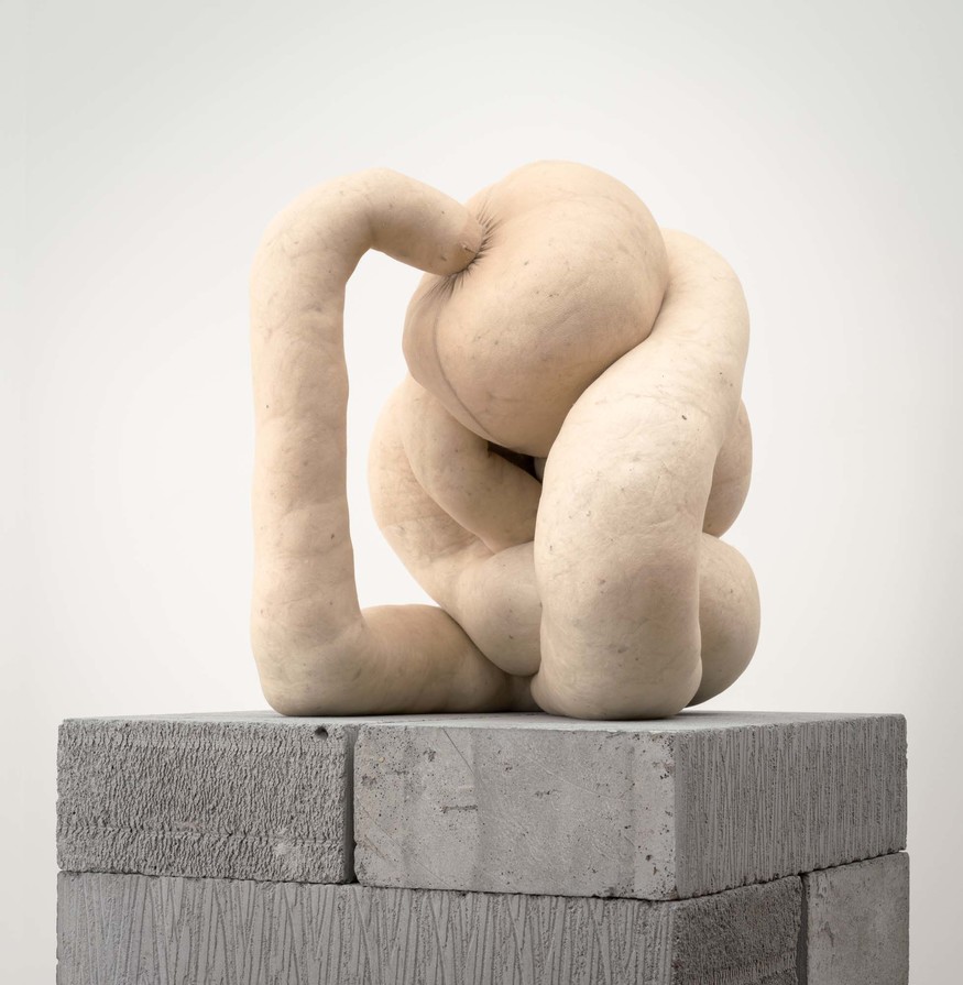 Sarah Lucas NUD CYCLADIC 1 2009. Tights, fluff, wire, concrete blocks, MDF. Collection of Christchurch Art Gallery Te Puna o Waiwhetū, purchase enabled by a gift from Andrew and Jenny Smith, made in response to the generosity of Sarah Lucas, Sadie Coles, London and Two Rooms, Auckland to the people of Christchurch on the occasion of the Canterbury Earthquake, February 2011