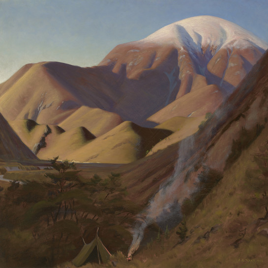 Austen A. Deans Camp in the Kowai 1952. Oil on canvas. Collection of Christchurch Art Gallery Te Puna o Waiwhetu, presented by Christchurch City Council in memory of former Town Clerk Mr H.S. Feast OBE, 1961
