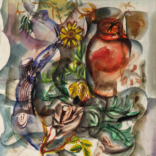 Frances Hodgkins Still-Life With Red Jar. Watercolour on paper. Collection Christchurch Art Gallery Te Puna o Waiwhetū, purchased with assistance from the National Art Collections Fund, London 1994