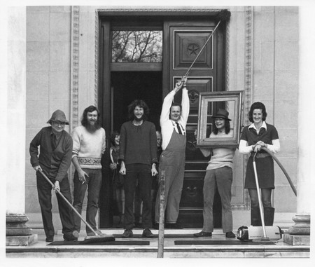 From left: Tom Gordon, Rex Valentine, Peter Lusk, Brian Muir, Michael Hamblett and Annella MacDougall on the steps of Robert McDougall Art Gallery in around 1973. Rex Valentine collection. Photo: Peter Lusk