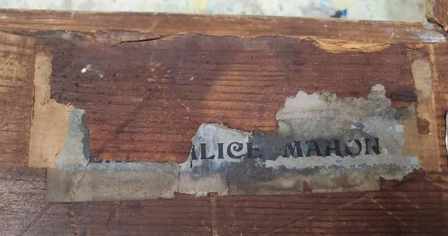 This label is on the back of the frame and appears to show that the frame, and possibly the painting within it, were once owned by Lady Alice Mahon, née Browne (1877-1970), daughter of the Fifth Marquis of Sligo and mother of collector and art historian John Denis  Mahon (1910-2011).
