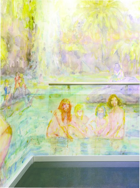 Séraphine Pick Untitled (Bathers) (detail) 2015. Digital print to self-adhesive polyester film, from a watercolour. Courtesy of the artist and Hamish McKay Gallery, commissioned by Christchurch Art Gallery Te Puna o Waiwhetū