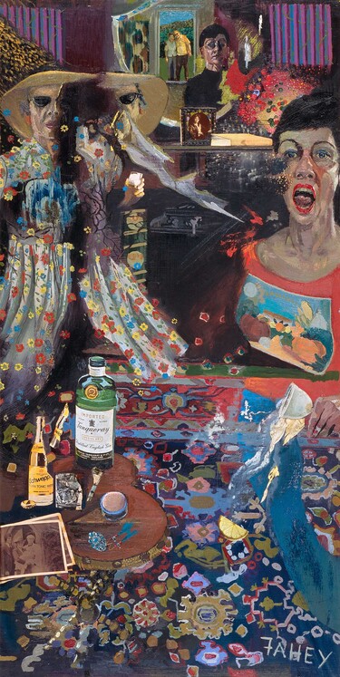 Jacqueline Fahey Mother and daughter quarrelling 1977. Oil and collage on board. Collection of Christchurch Art Gallery Te Puna o Waiwhetū, purchased 1983