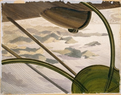 Russell Clark, Plane over island, Santa Isabel, 1943, watercolour. Archives New Zealand National War Art Collection.