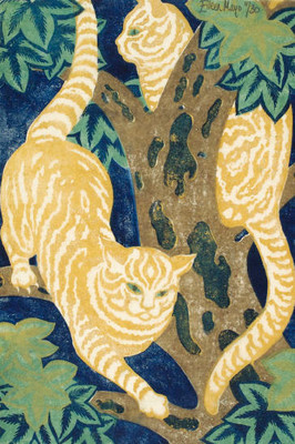 Eileen Mayo Cats in the trees (1931), linocut, Collection Christchurch Art Gallery Te Puna o Waiwhetū, presented by Rex Nan Kivell, 1953.