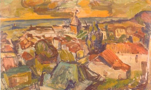Toss Woollaston, Greymouth with Tower, 1952. Oil on ivory board. Purchased by the Friends of Christchurch Art Gallery, 2007