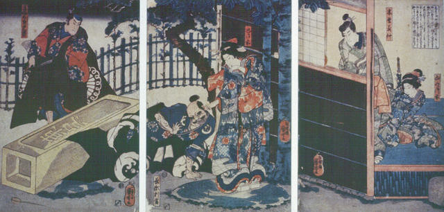 Tomoe Gozen pulling the ear of Nagase Hangan in the presence of Tezuka Taro Mitsumori, Kiso Yoshinaka and Yamabuki Gozen