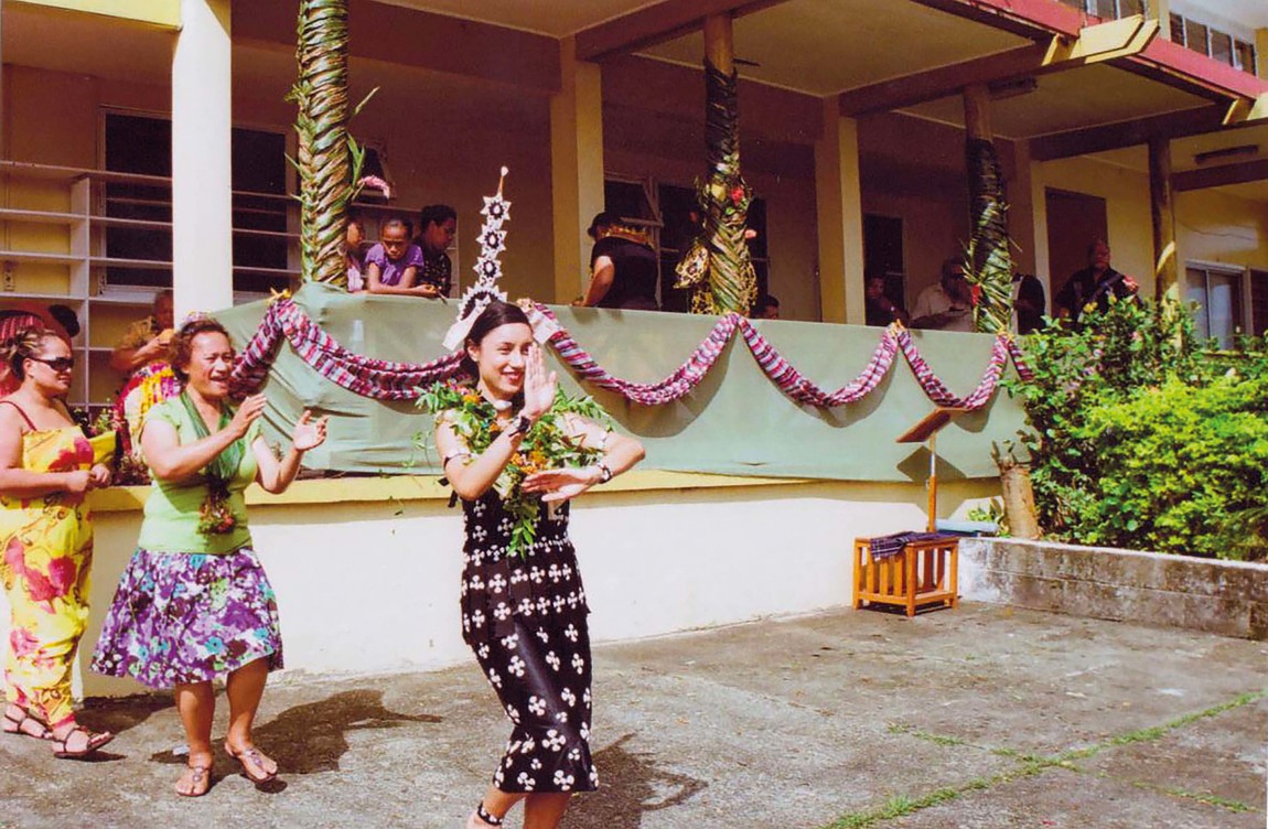 Huni dancing the tau'olunga at her uncle’s ordination in Suva, Fiji. Courtesy of Huni Mancini