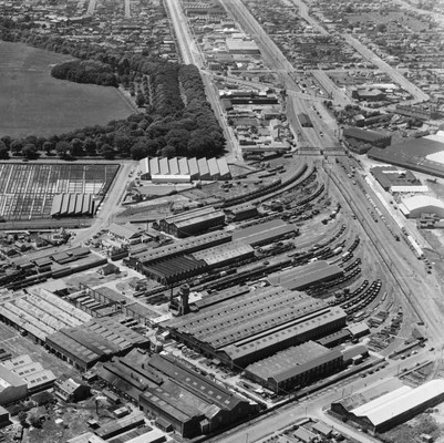 Detail from a White's Aviation photo from November 1947 showing some of the Addington railway workshops in Christchurch, looking east with Moorhouse Avenue at the top parallel to the railway line leading to the then Christchurch station and Lyttelton. Via transpressnz.blogspot.co.nz
