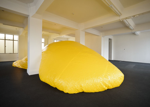 Seung Yul Oh, view of Huggong 2012, during installation. Vinyl/sheet rubber, air. Courtesy the artist and Starkwhite. Photo: John Collie