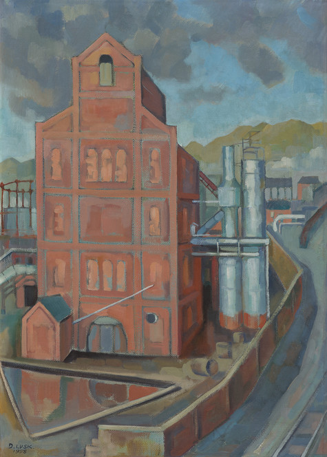 Doris Lusk City Gasworks, Christchurch 1958. Oil on canvas board. Collection of Christchurch Art Gallery Te Puna o Waiwhetū, gift of Martin Prior in memory of Ann, Mary and Arthur Prior, 2019