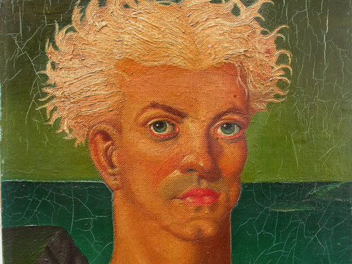 A detail of St Olaf before treatment. Leo Bensemann St Olaf (detail) c.1937. Oil on canvas on board. Collection of Christchurch Art Gallery Te Puna o Waiwhetū, Lawrence Baigent / Robert Erwin Bequest 2003. Reproduced with permission