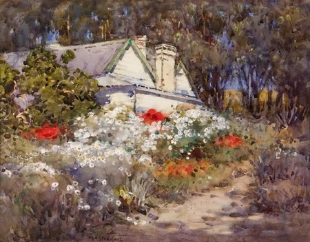 Margaret Stoddart Old Homestead, Diamond Harbour 1913. Watercolour. Collection of Christchurch Art Gallery Te Puna o Waiwhetu, purchased 1959