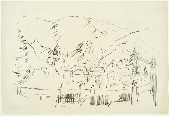 Sketch of Landscape With Village & Mountains