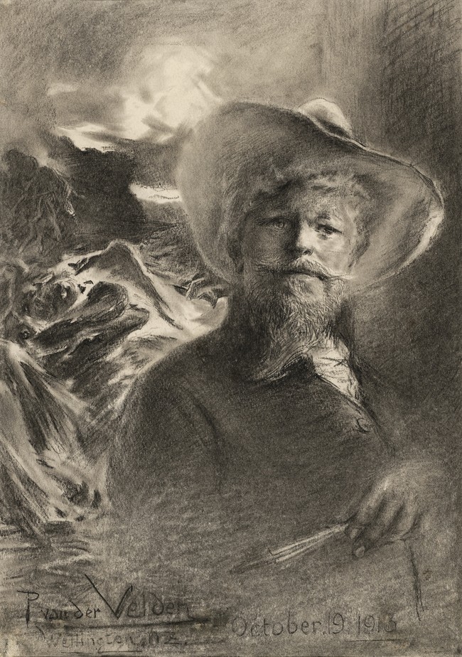 Petrus van der Velden Self-portrait with Otira background 1913. Charcoal. Collection of Christchurch Art Gallery Te Puna o Waiwhetū, bequeathed by Miss D.C. Bates, 1983