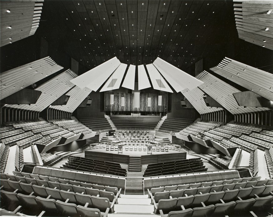 Christchurch Town Hall, Kilmore Street, Christchurch, main auditorium detail 1972. Photograph. Martin Barriball