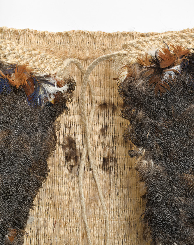 Whero o te Rangi Bailey QSO (Taranaki Whānui, Ngāti Maniapoto, Ngāti Raukawa, Ngāi Tahu) Te Amo Oranganui ki te Ao (detail) 2004. Harakeke, feathers from pūtangitangi, pūkeko and weka. Collection of Soroptimist International of Aotearoa New Zealand. A partnership project between Christchurch Art Gallery Te Puna o Waiwhetū and Te Roopu Raranga Whatu o Aotearoa, with support from Toi Māori.