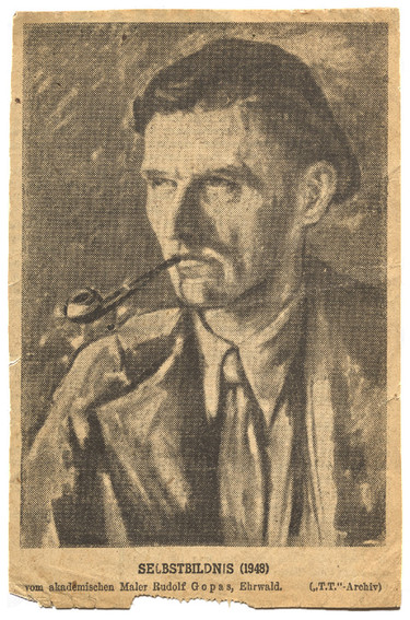 Self portrait of Rudolf Gopas, newspaper clipping from issue 2281 of the Tiroler Tageszeitung, 4 December 1948, p.5. Folder 3a, Box 2, Rudolf Gopas Archive, Robert and Barbara Stewart Library and Archive, Christchurch Art Gallery Te Puna o Waiwhetū