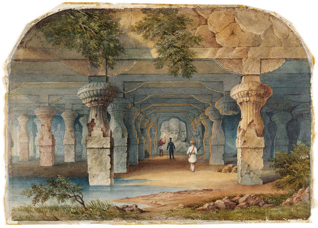 Palace Of Udepoor. A Temple Scene. The Frescoes In The Caves Of Aeiora&agenta. Tri-moorti (Three-faced Figure)