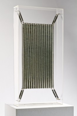 Carl Sydow Small standing construction II (1975) perspex, zinc, springs. Presented by Judith and Quentin MacFarlane, 2009.