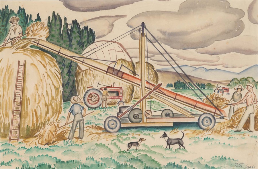 Juliet Peter Harvesting, Rydal Downs c. 1943. Collection of Christchurch Art Gallery Te Puna o Waiwhetū, gift of Alastair and Gaelyn (Ensor) Elliott, 2018