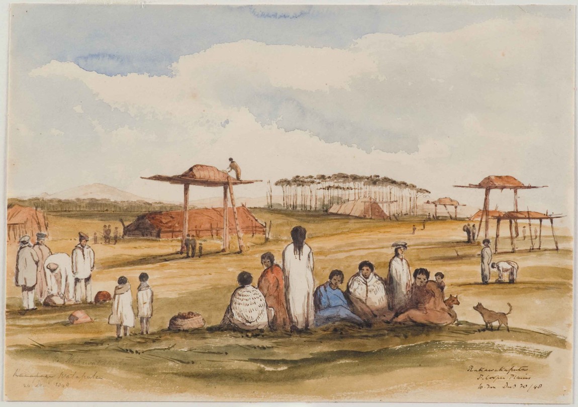 William Fox Rakawakaputa, P. Cooper Plains. 1848 [Te Rakawakaputa, Kaiapoi Wataputa 20 Decr 1848; Wataputa on Canterbury Plain. Jan 1849, from Fox sketchbook] 1848. Watercolour. Hocken Collections Uare Taoka O Hakena University of Otago