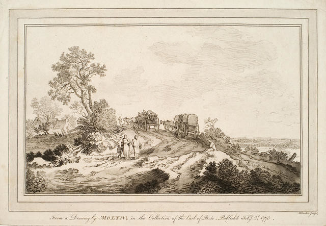 Horse Drawn Carts Climbing Short Hill In Landscape With Cottage (On Left) And Figures (Centre Foreground)