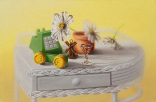 Emily Hartley-Skudder Master Bedroom (Ornate Nightstand with Telephone and Daisies) 2012-13. Oil on canvas. Reproduced courtesy of the artist.