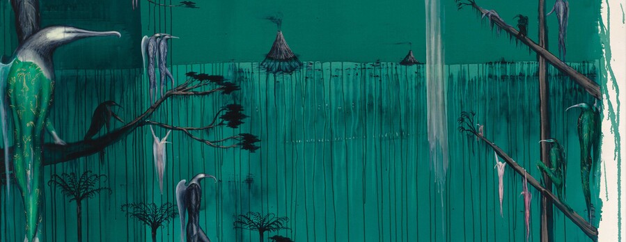 Bill Hammond The Fall of Icarus (after Bruegel) (detail) 1995. Acrylic on canvas. Collection of Christchurch Art Gallery Te Puna o Waiwhetū, purchased 1996